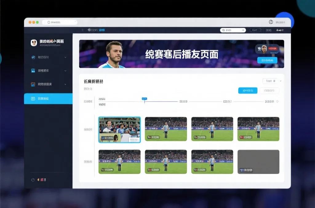 比赛结束后，电视屏幕展示集锦回放页面，旁边有时间轴和多角度切换提示
